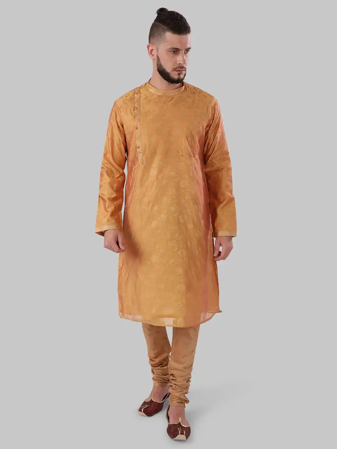 Men Orange Polyester Blend Kurta