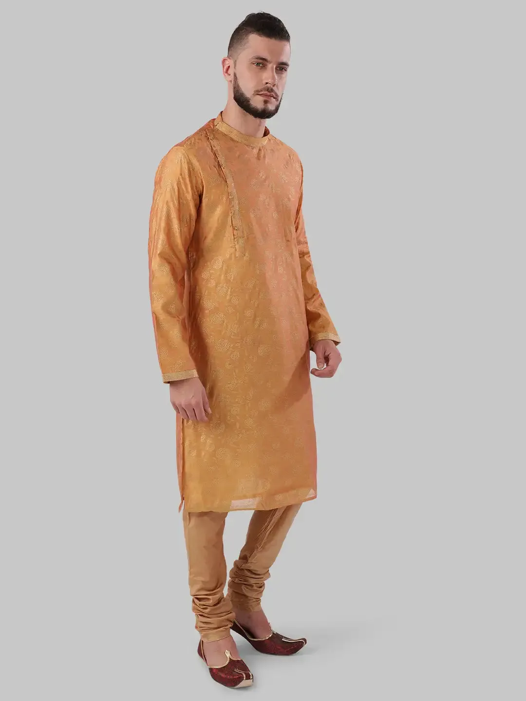 Men Orange Polyester Blend Kurta