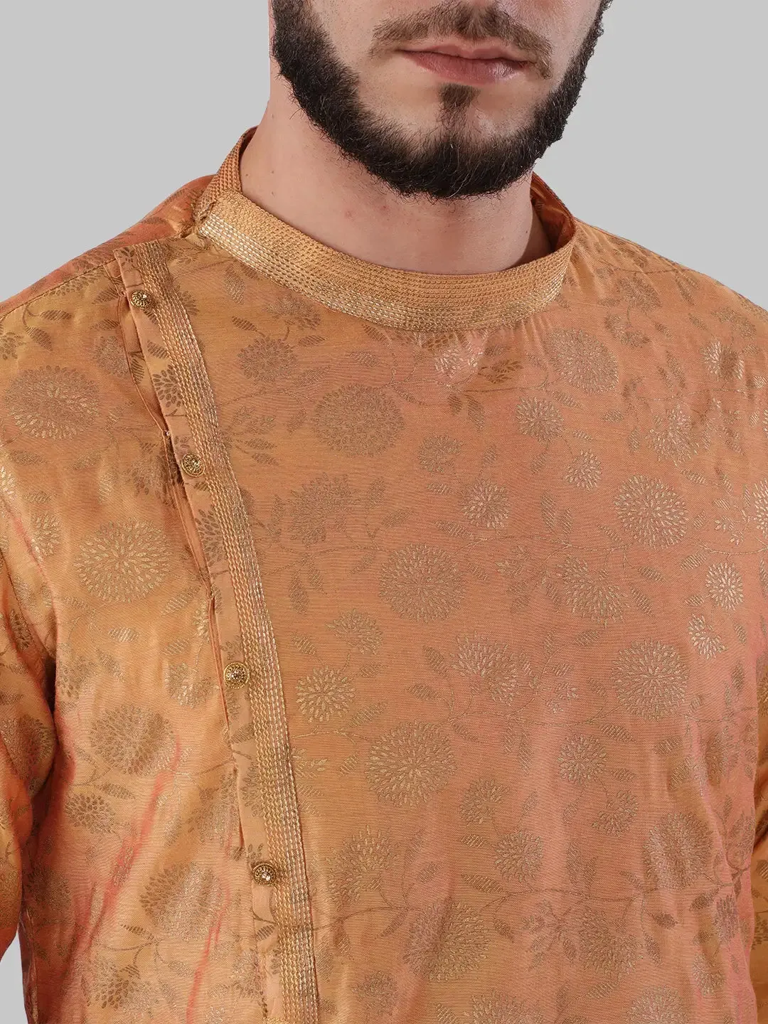 Men Orange Polyester Blend Kurta