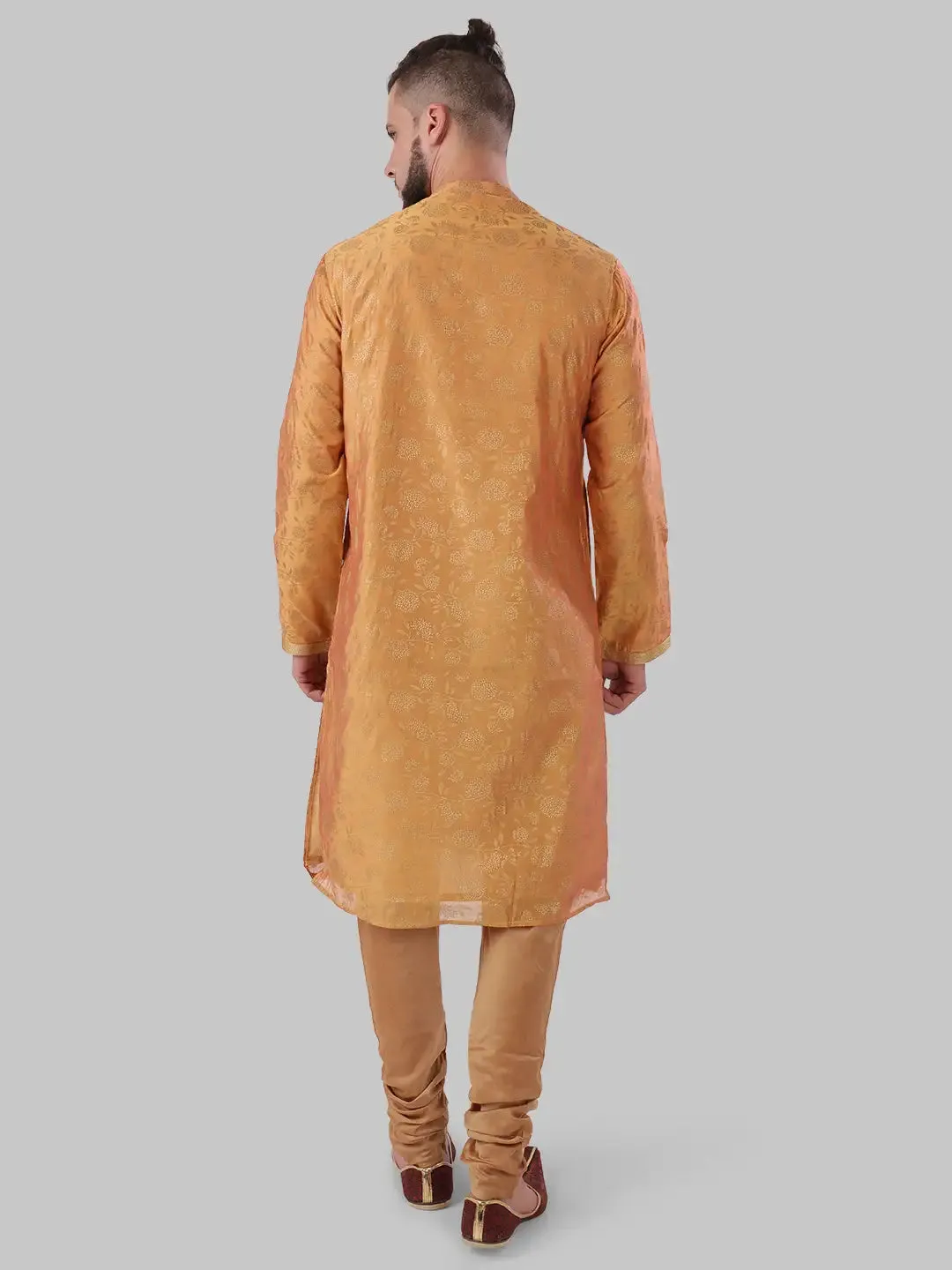 Men Orange Polyester Blend Kurta