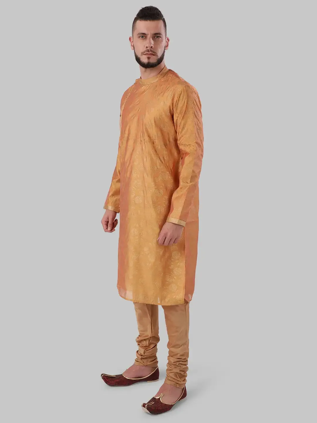 Men Orange Polyester Blend Kurta
