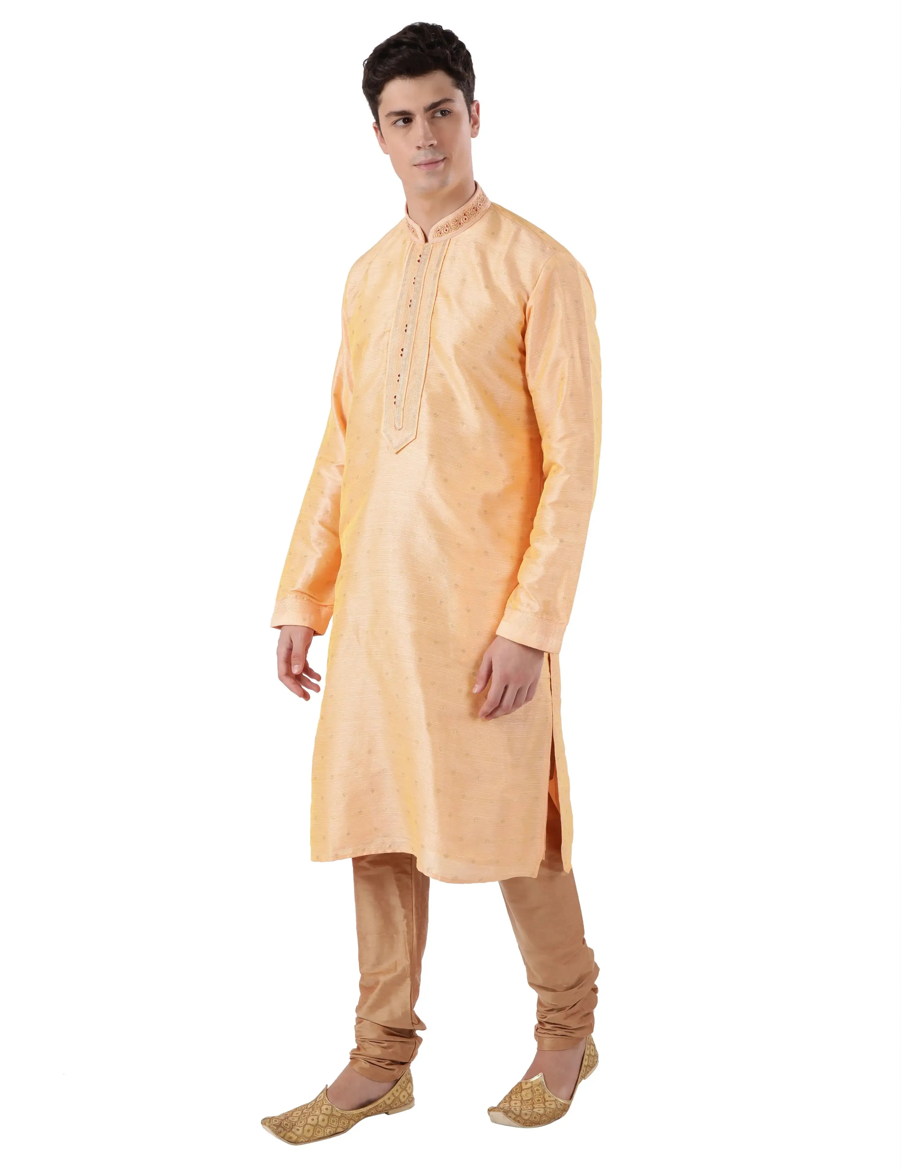 Men Peach Polyester Blend Kurta