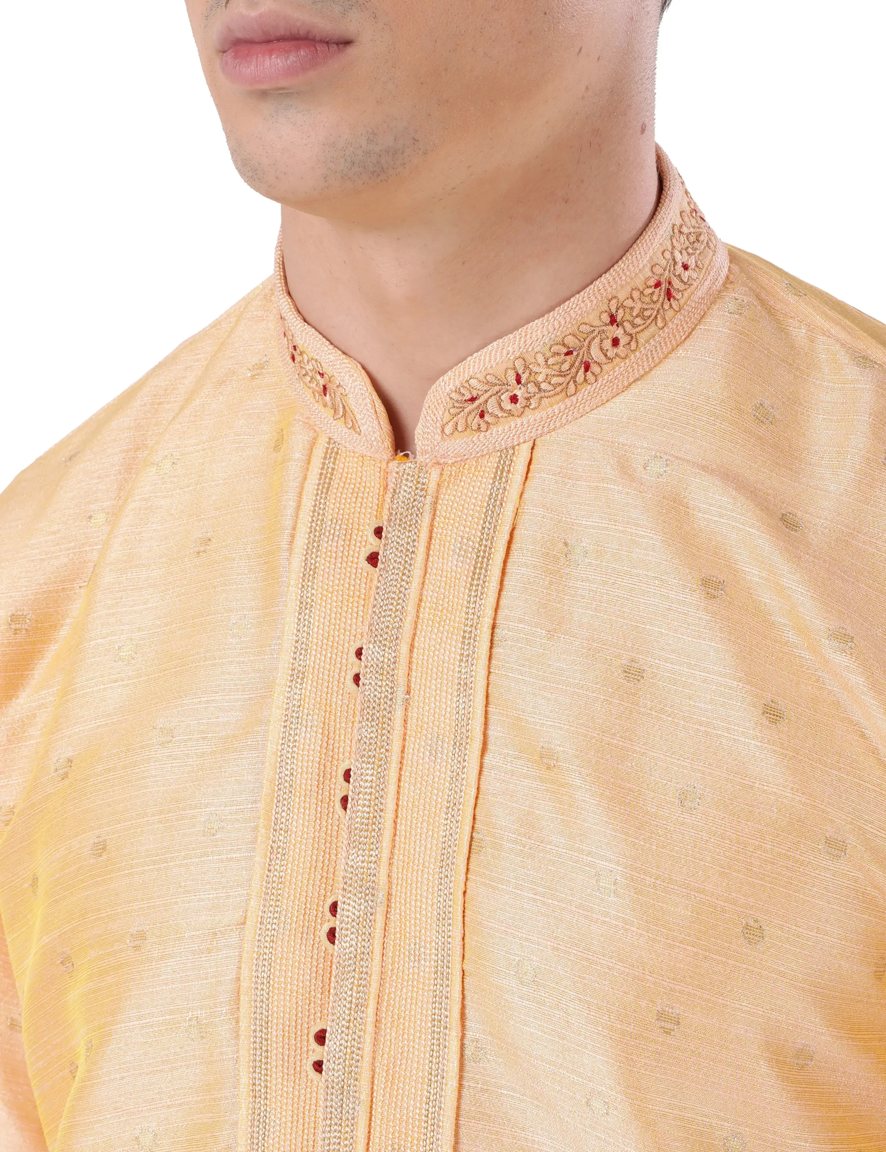 Men Peach Polyester Blend Kurta