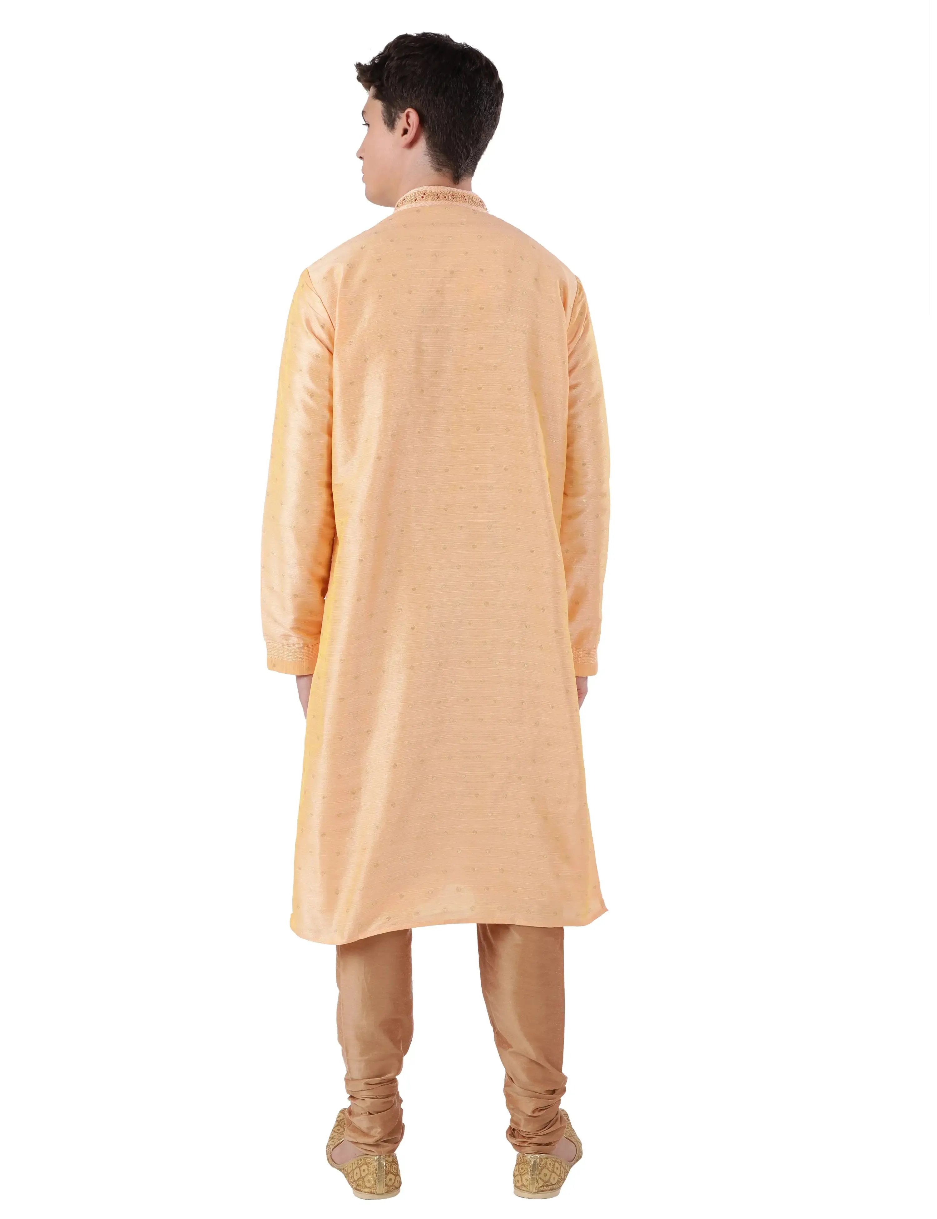 Men Peach Polyester Blend Kurta