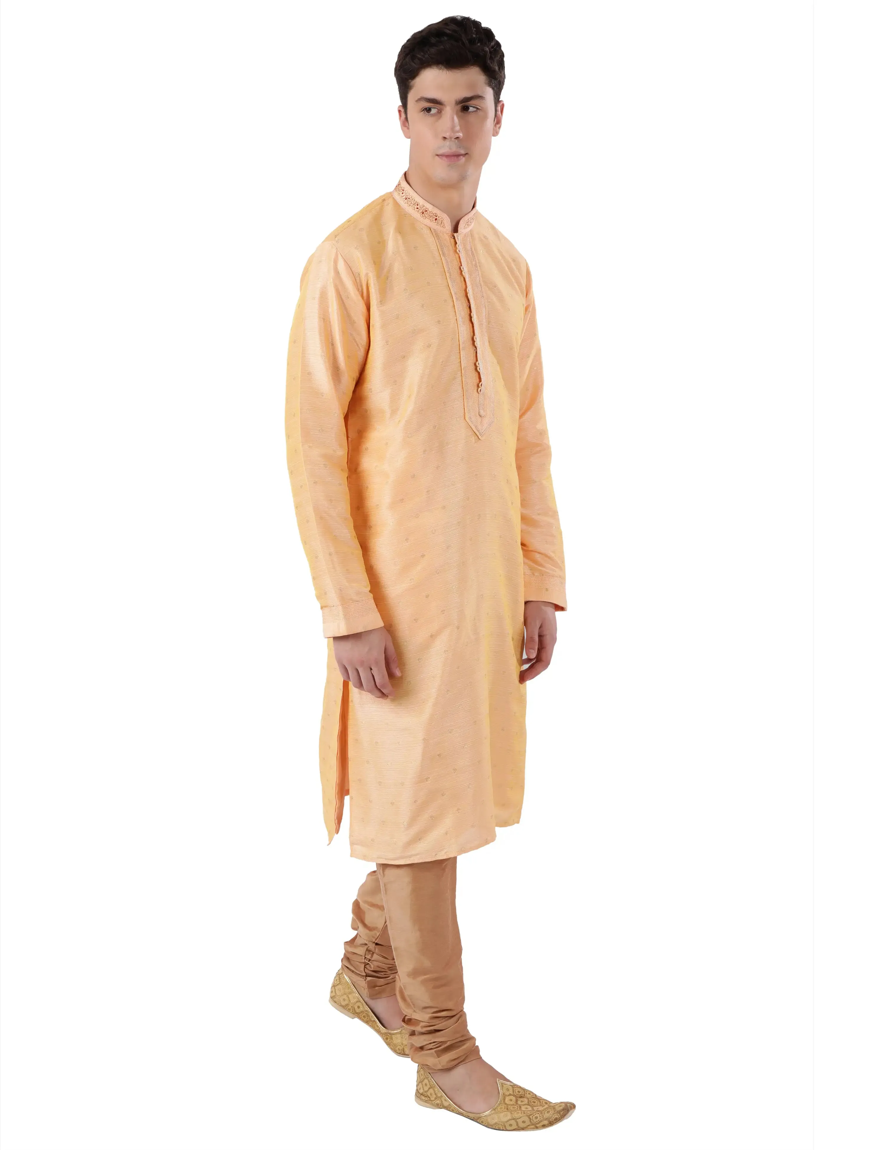 Men Peach Polyester Blend Kurta