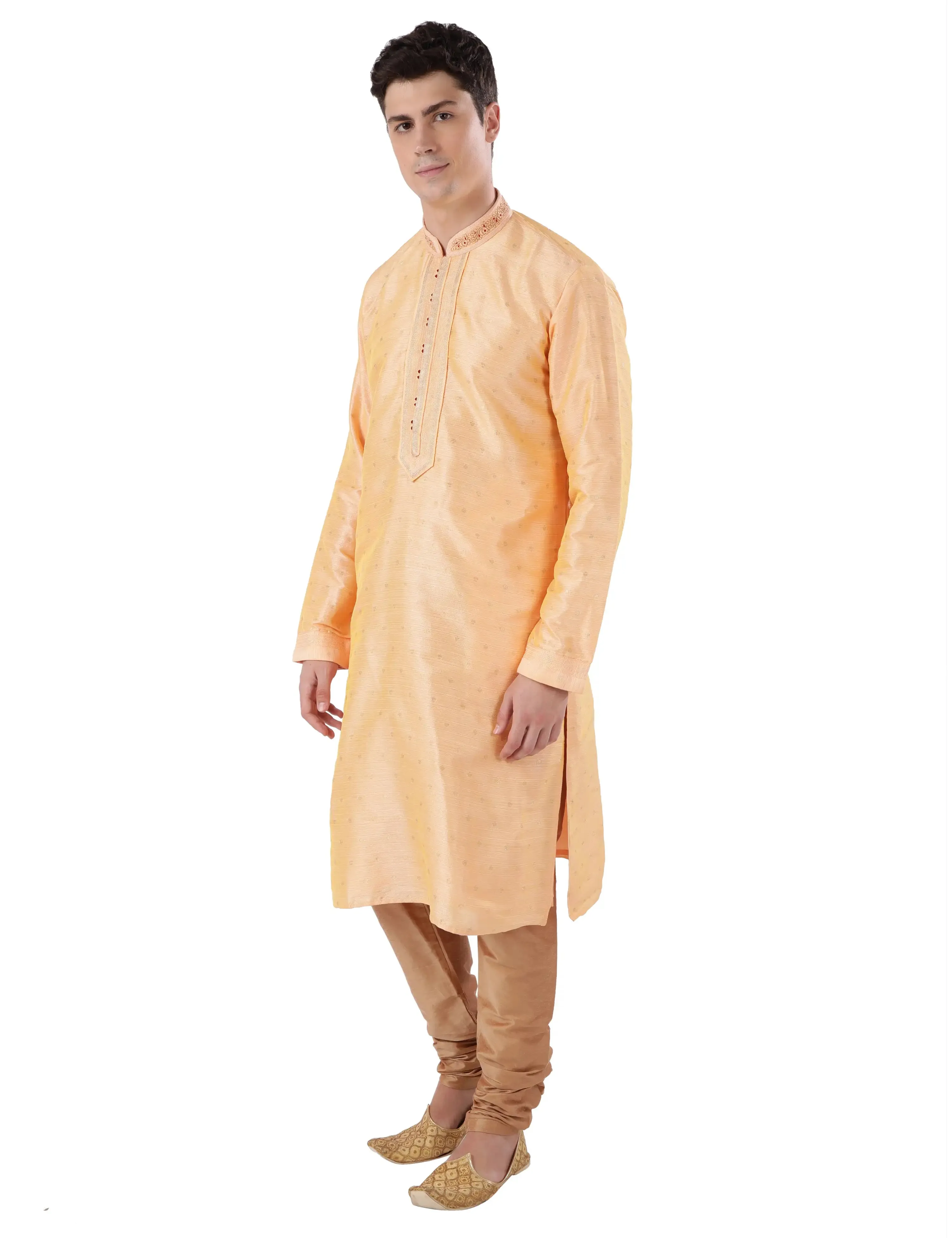 Men Peach Polyester Blend Kurta