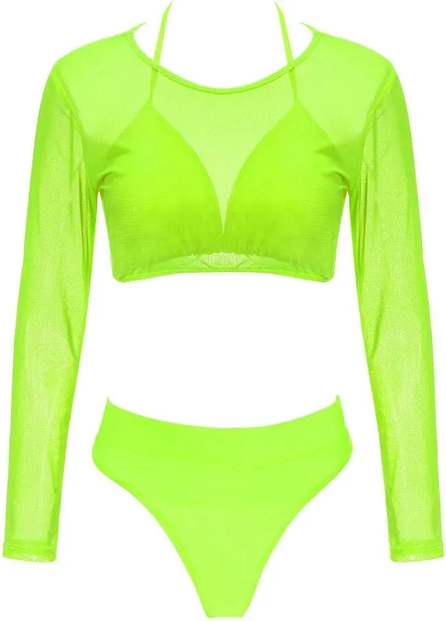 Meyeeka Womens Sexy High Waist Rash Guard Swimwear Long Sleeve 3PCS Swimsuit