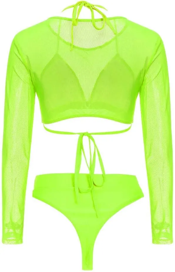 Meyeeka Womens Sexy High Waist Rash Guard Swimwear Long Sleeve 3PCS Swimsuit
