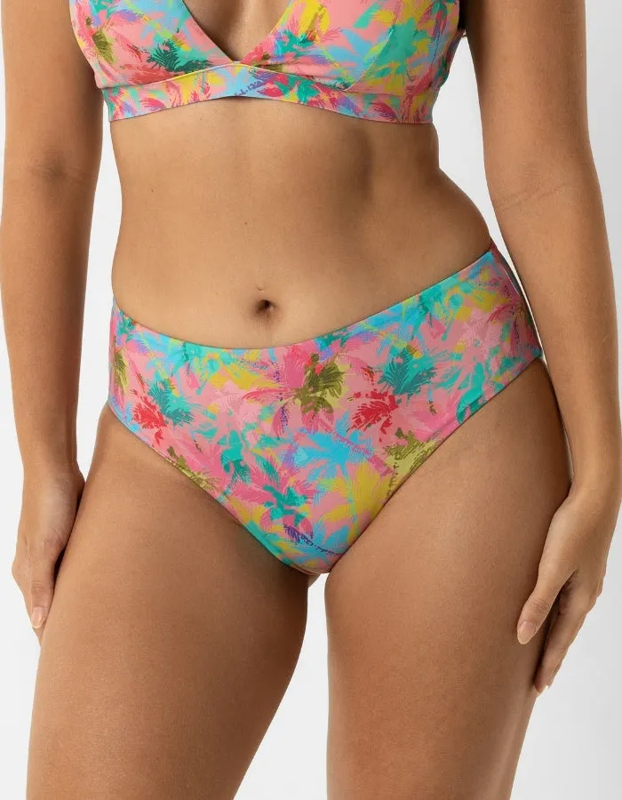 Mid Waist Pink Palm Womens Bikini Bottoms