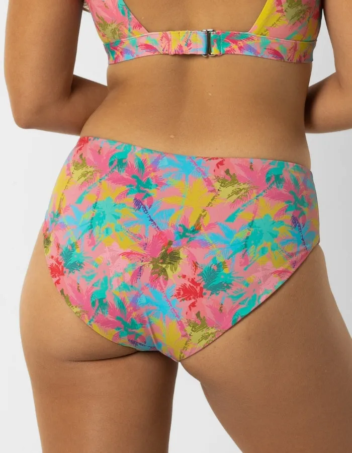 Mid Waist Pink Palm Womens Bikini Bottoms