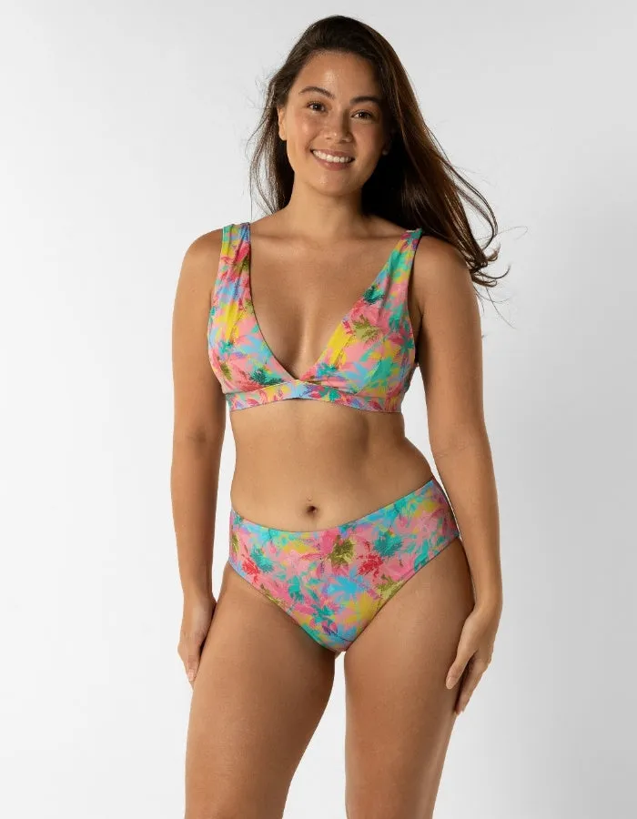 Mid Waist Pink Palm Womens Bikini Bottoms