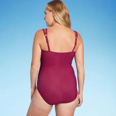 New - Women's Cut Out Strap One Piece Swimsuit - Aqua Green Dark Red M