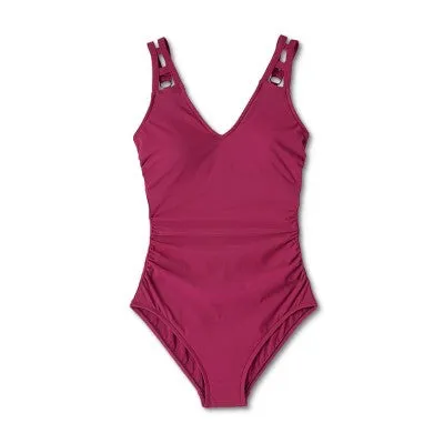 New - Women's Cut Out Strap One Piece Swimsuit - Aqua Green Dark Red M