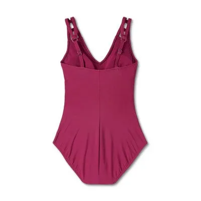 New - Women's Cut Out Strap One Piece Swimsuit - Aqua Green Dark Red M
