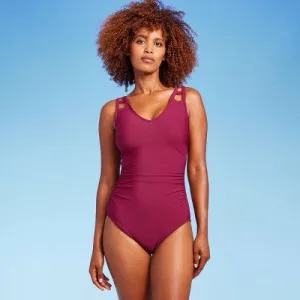 New - Women's Cut Out Strap One Piece Swimsuit - Aqua Green Dark Red M