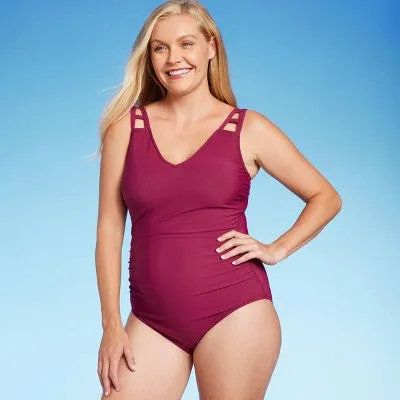 New - Women's Cut Out Strap One Piece Swimsuit - Aqua Green Dark Red M