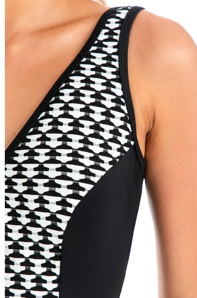 Odessa V-Neck Zip One Piece (Black & White)