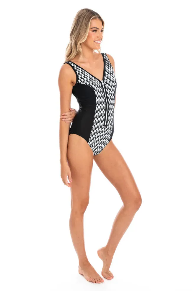 Odessa V-Neck Zip One Piece (Black & White)