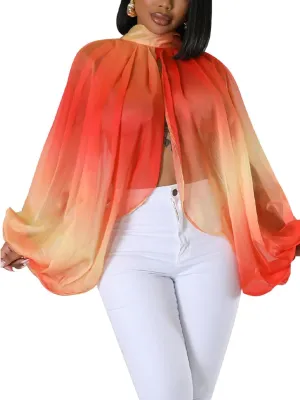 Ophestin Womens Print Sexy Open Back Sheer Chiffon Balloon Sleeve Shirt Blouse Tops Coverup