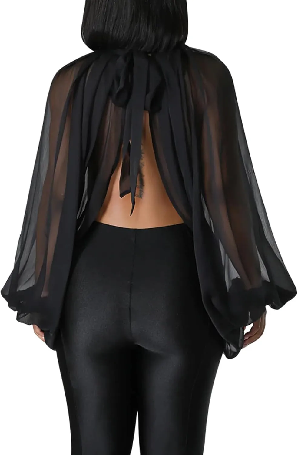 Ophestin Womens Print Sexy Open Back Sheer Chiffon Balloon Sleeve Shirt Blouse Tops Coverup