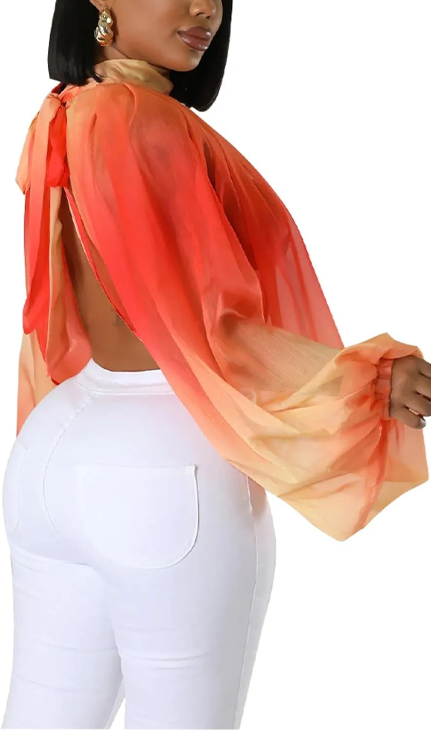 Ophestin Womens Print Sexy Open Back Sheer Chiffon Balloon Sleeve Shirt Blouse Tops Coverup