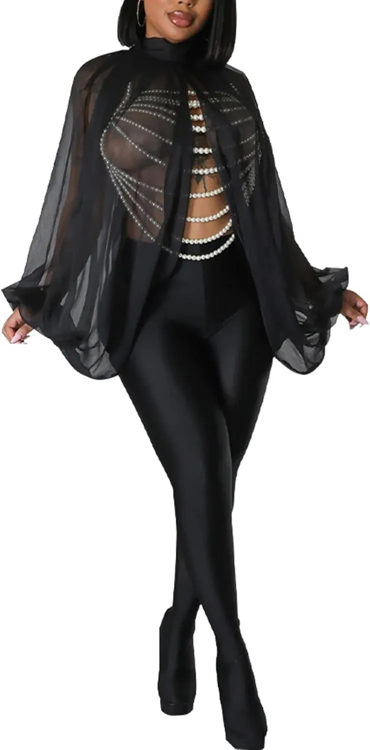 Ophestin Womens Print Sexy Open Back Sheer Chiffon Balloon Sleeve Shirt Blouse Tops Coverup