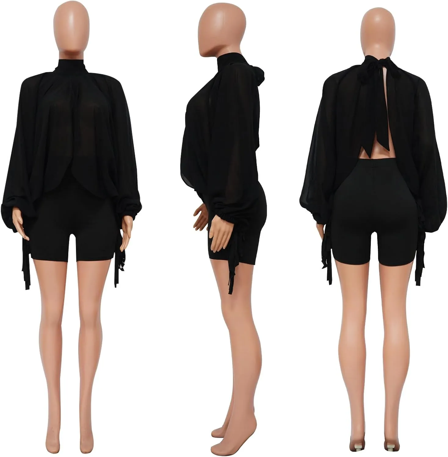 Ophestin Womens Print Sexy Open Back Sheer Chiffon Balloon Sleeve Shirt Blouse Tops Coverup