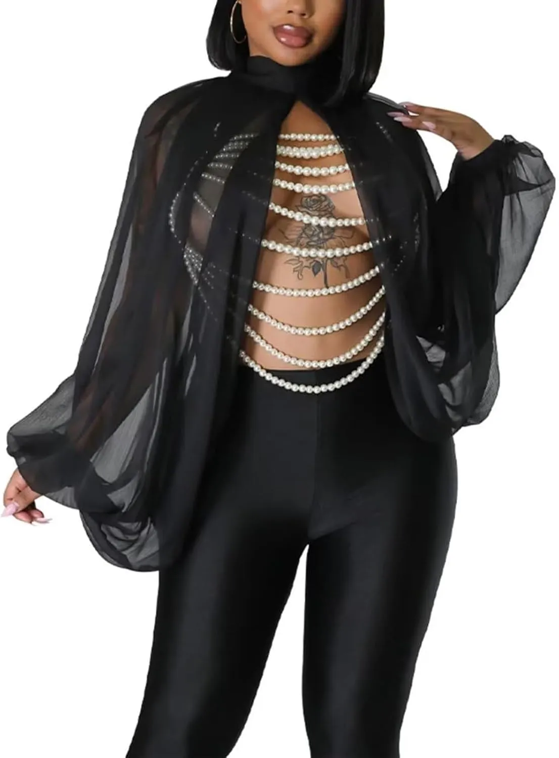 Ophestin Womens Print Sexy Open Back Sheer Chiffon Balloon Sleeve Shirt Blouse Tops Coverup