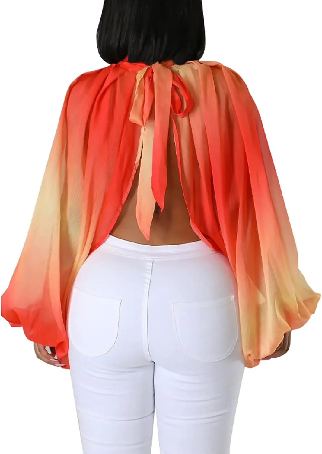 Ophestin Womens Print Sexy Open Back Sheer Chiffon Balloon Sleeve Shirt Blouse Tops Coverup