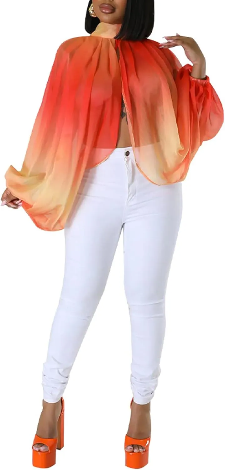 Ophestin Womens Print Sexy Open Back Sheer Chiffon Balloon Sleeve Shirt Blouse Tops Coverup
