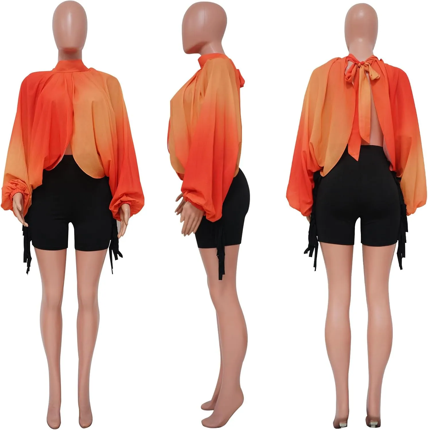 Ophestin Womens Print Sexy Open Back Sheer Chiffon Balloon Sleeve Shirt Blouse Tops Coverup