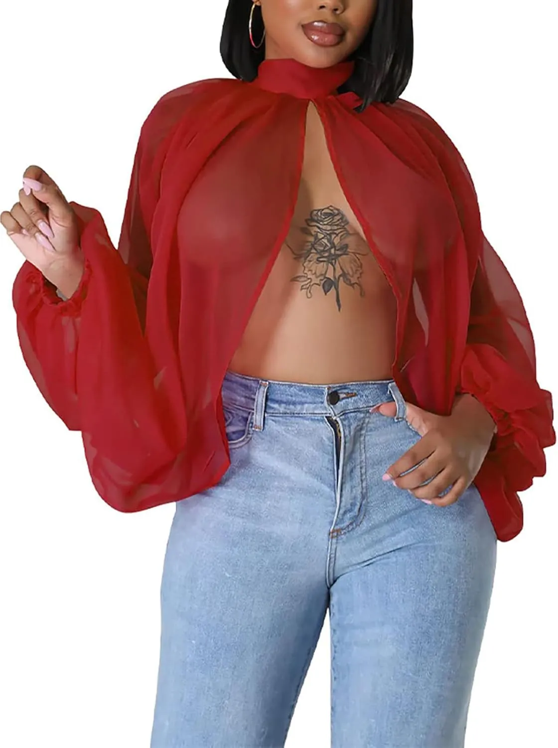 Ophestin Womens Print Sexy Open Back Sheer Chiffon Balloon Sleeve Shirt Blouse Tops Coverup