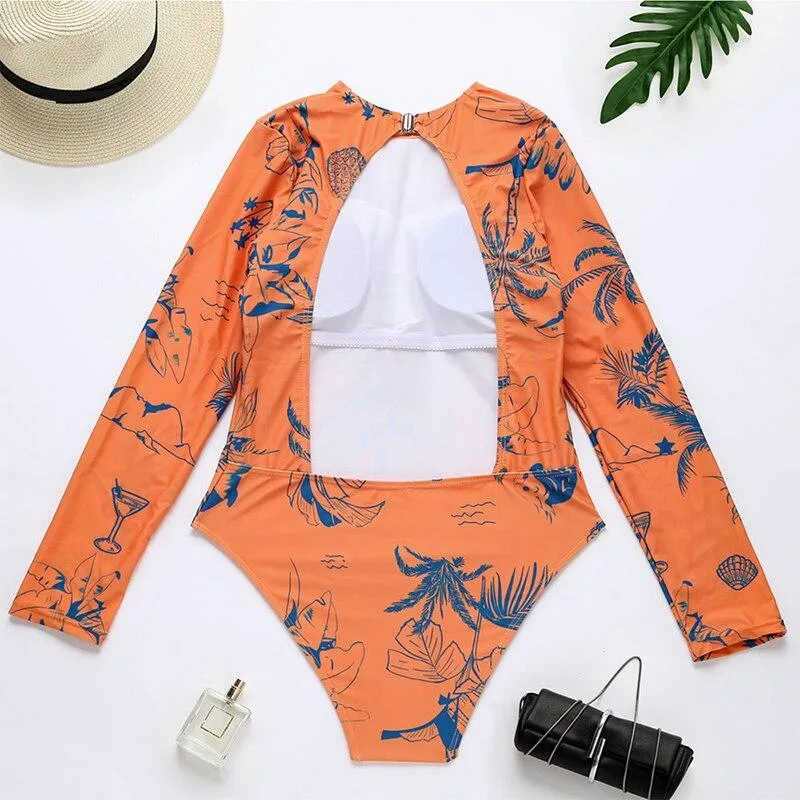 Peachtan Plant print monokini Long sleeves one piece swimsuit women