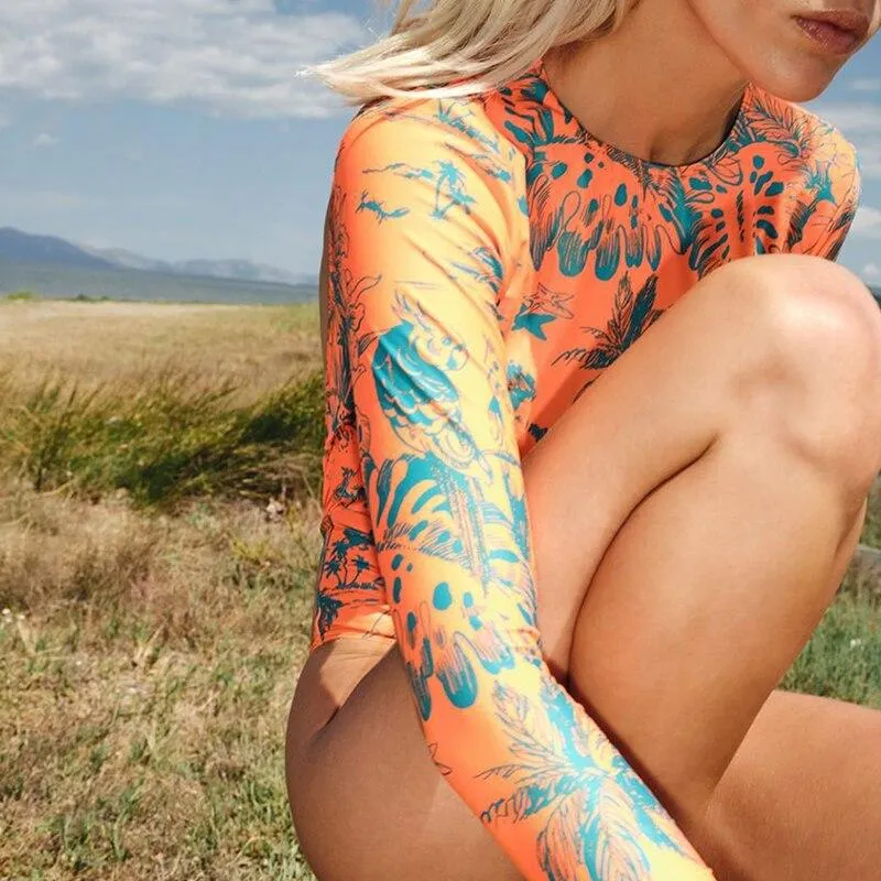Peachtan Plant print monokini Long sleeves one piece swimsuit women