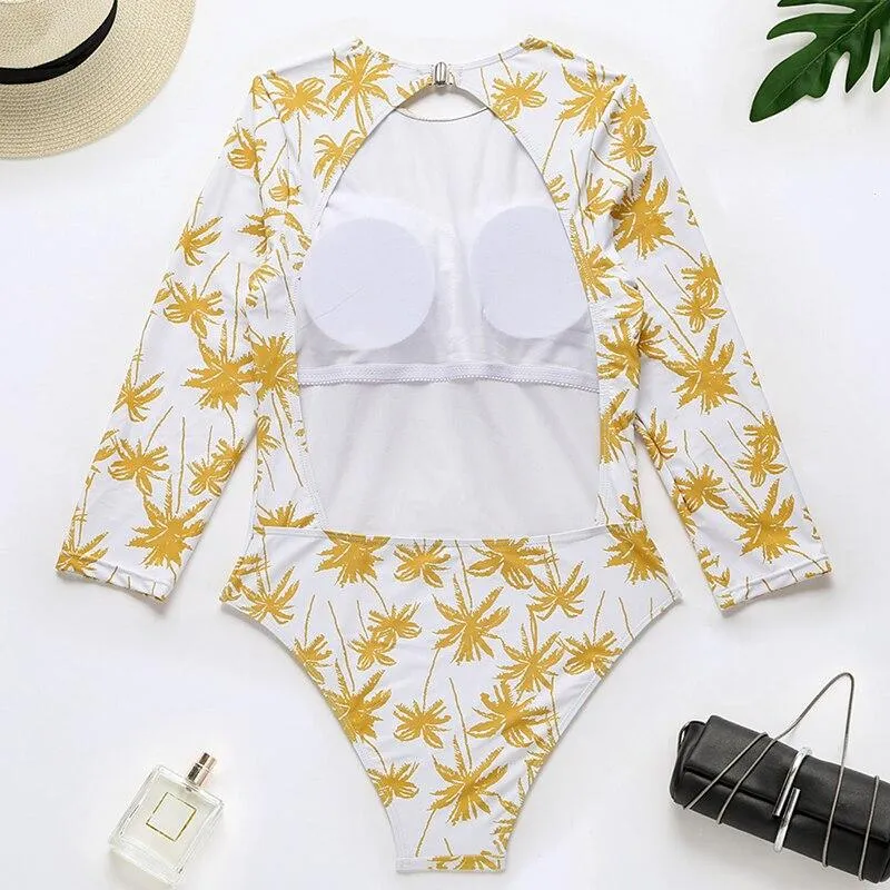 Peachtan Plant print monokini Long sleeves one piece swimsuit women