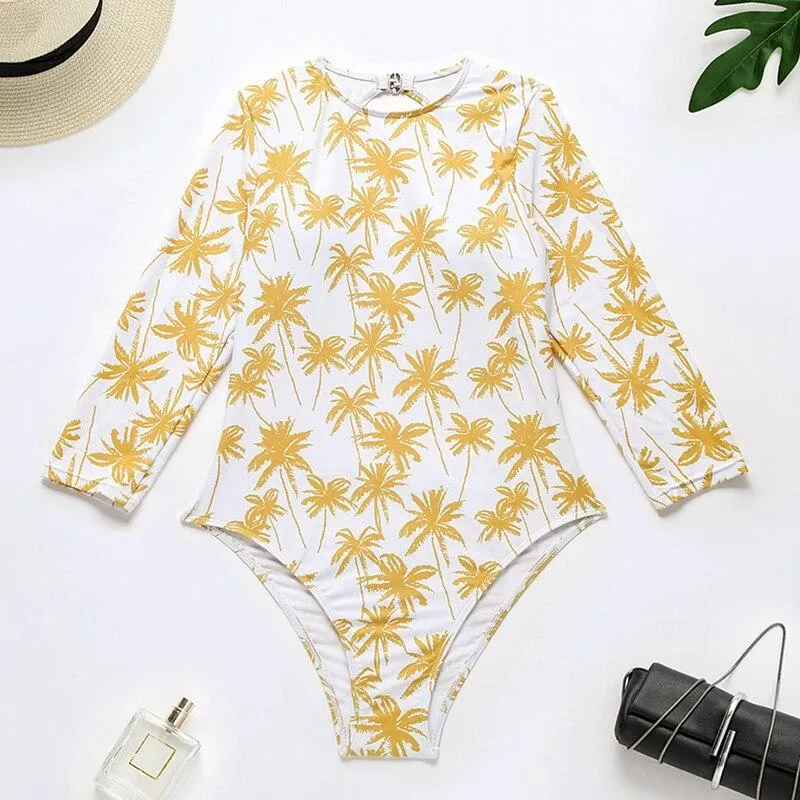 Peachtan Plant print monokini Long sleeves one piece swimsuit women