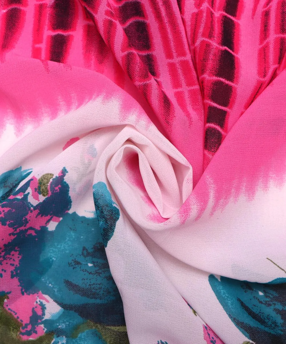 Pink White Floral Print Georgette Fabric