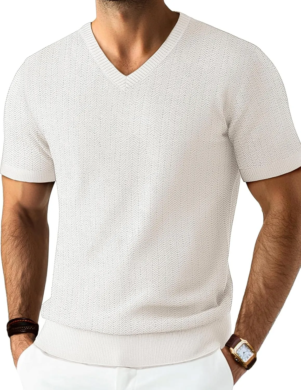 PJ PAUL JONES Men's T-Shirts Modern Fit V Neck Knit Shirts Textured Herringbone Knitwear