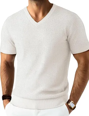 PJ PAUL JONES Men's T-Shirts Modern Fit V Neck Knit Shirts Textured Herringbone Knitwear