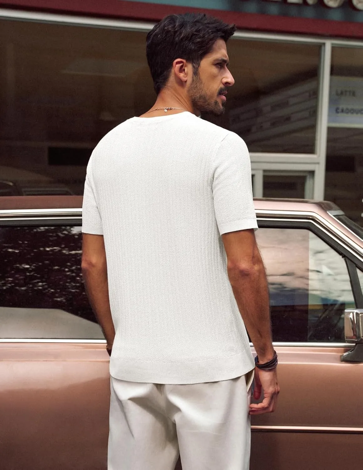PJ PAUL JONES Men's T-Shirts Modern Fit V Neck Knit Shirts Textured Herringbone Knitwear