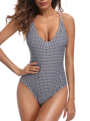 Plaid Figure Flattering Back Criss Cross One Piece