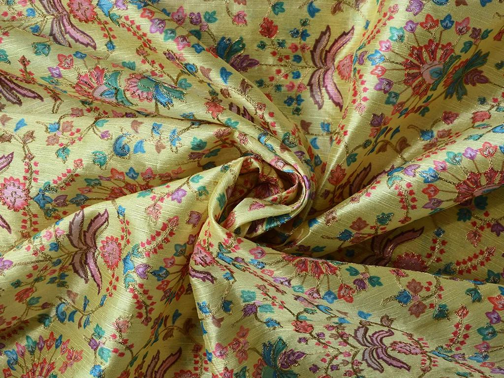 Precut of 1.3 Meter Light Yellow Traditional Digital Print Heavy Zari Embroidered Mulberry Silk Fabric