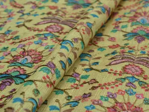 Precut of 1.3 Meter Light Yellow Traditional Digital Print Heavy Zari Embroidered Mulberry Silk Fabric