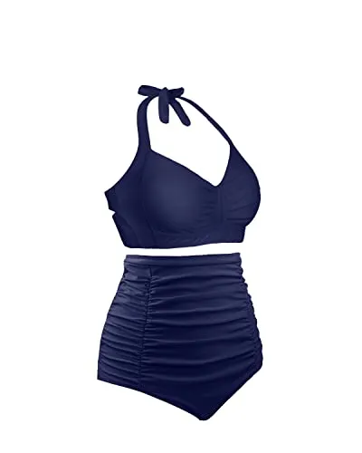 Push Up Halter Women's Maternity Swimsuit For Moms And Juniors-Navy Blue