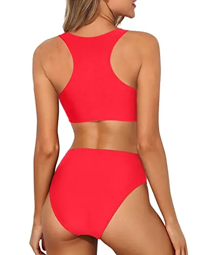 Racerback High Waisted Two Piece Bikini Swimsuit For Teenagers-Neon Red