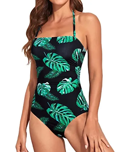 Ruched Shirring Pattern Tummy Control Swimsuit Strapless Bandeau Bathing Suit-Black And Green Leaf