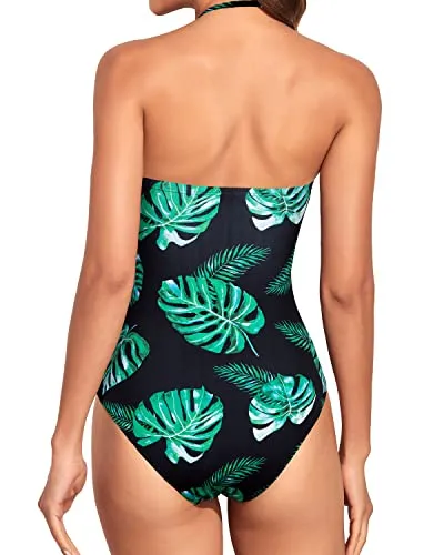 Ruched Shirring Pattern Tummy Control Swimsuit Strapless Bandeau Bathing Suit-Black And Green Leaf