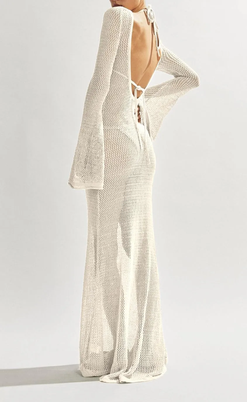 Saodimallsu Womens Crochet Cover Ups Long Sleeve Sexy Mesh Backless Knit Swimsuit Coverup Beach Maxi Dress