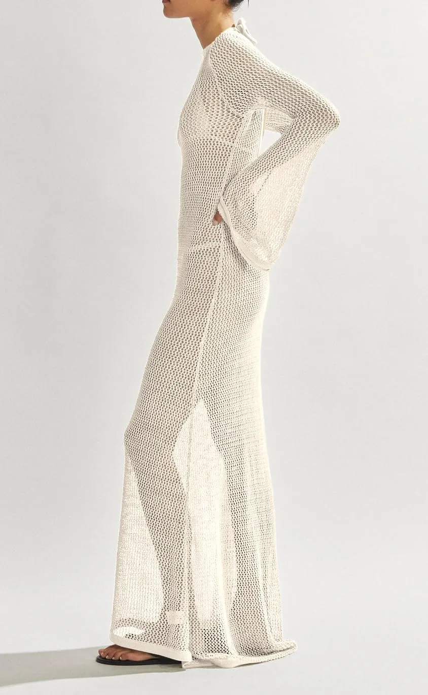 Saodimallsu Womens Crochet Cover Ups Long Sleeve Sexy Mesh Backless Knit Swimsuit Coverup Beach Maxi Dress