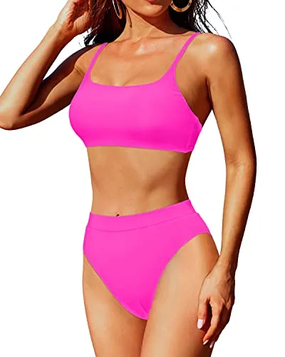 Scoop Neck High Waisted Bikini Set With Bottom For Women-Neon Pink